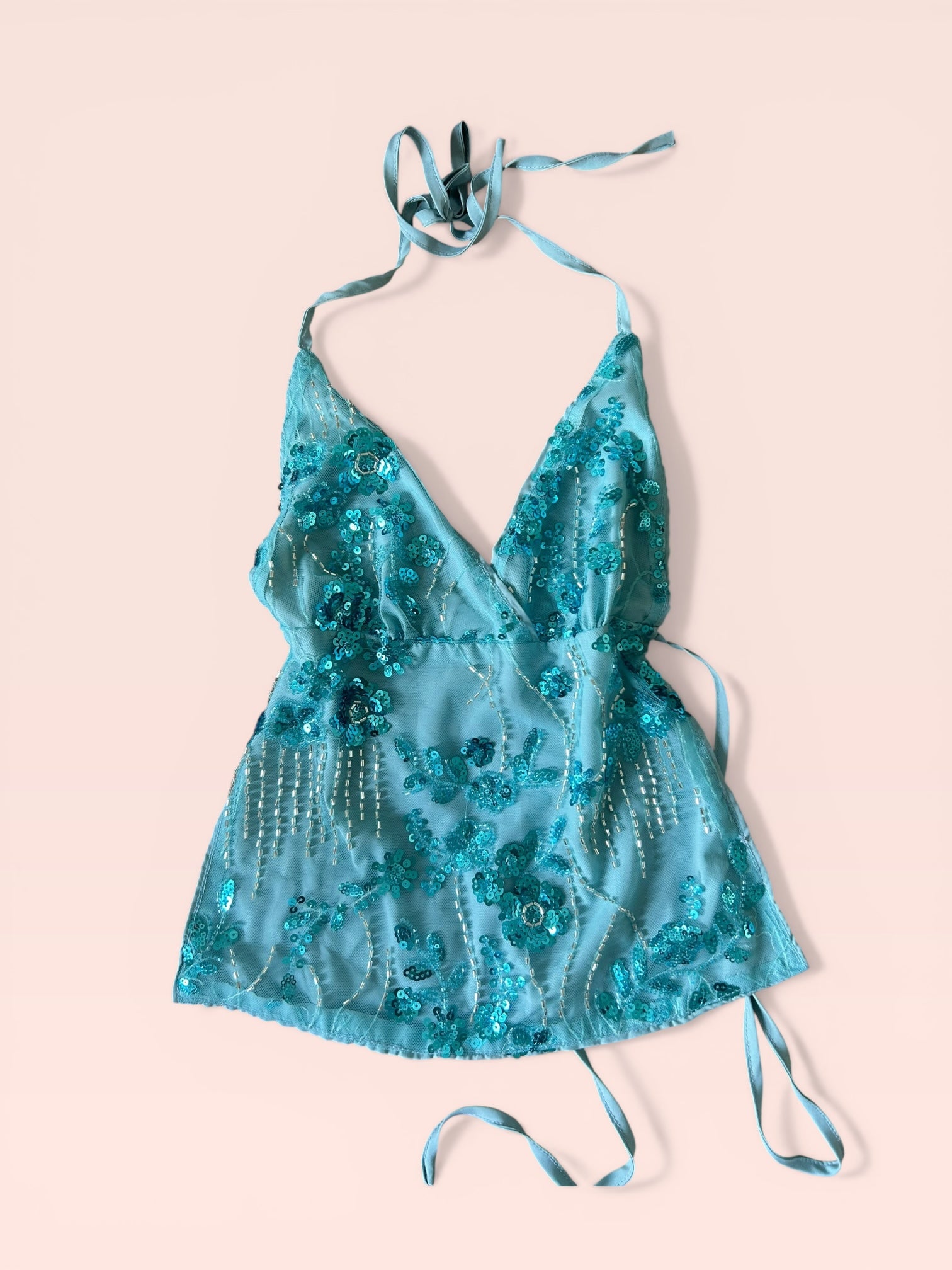 Sequin flower sexy open back halter top