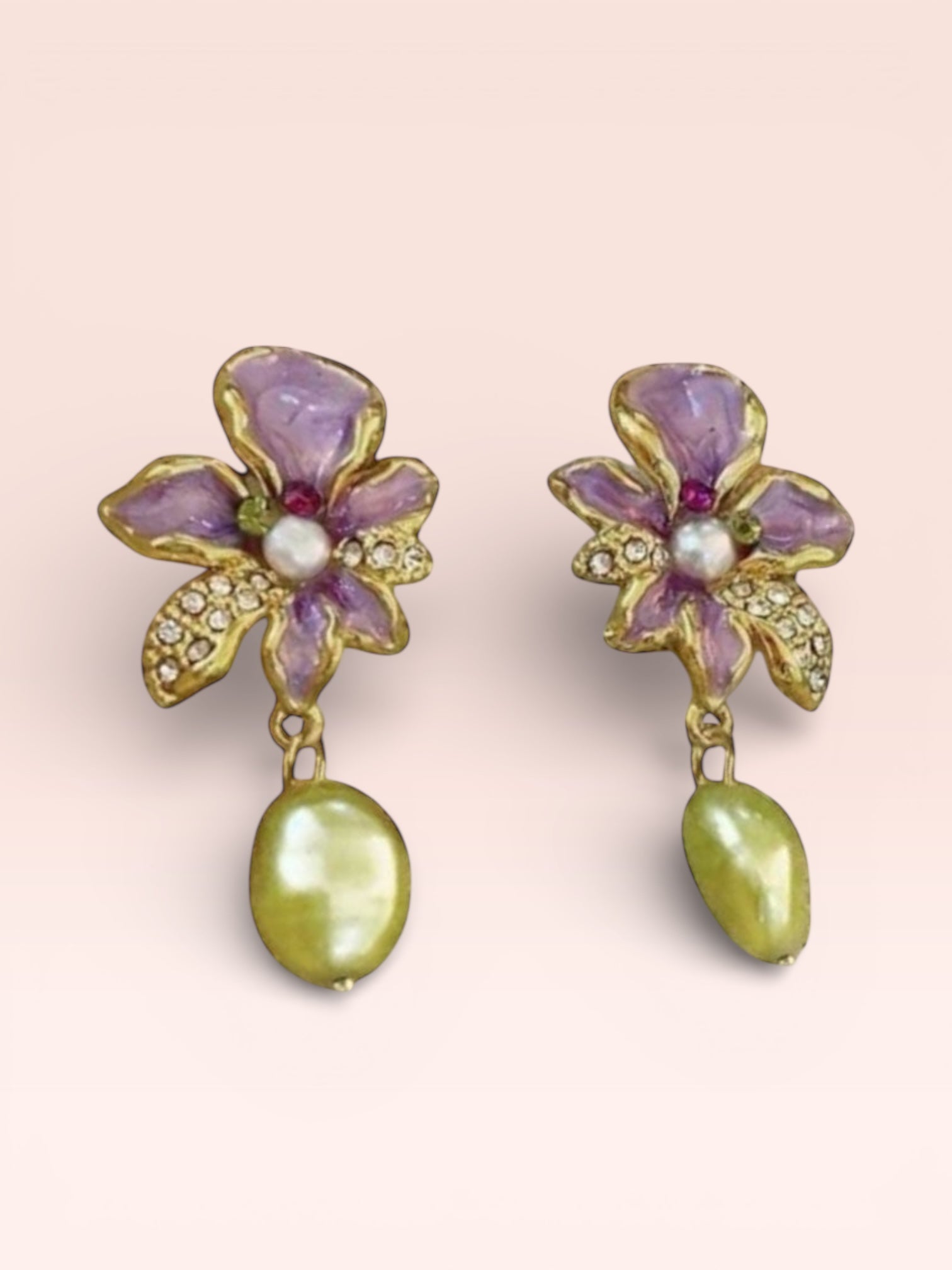 Purple Flower Earrings with Green Pearl