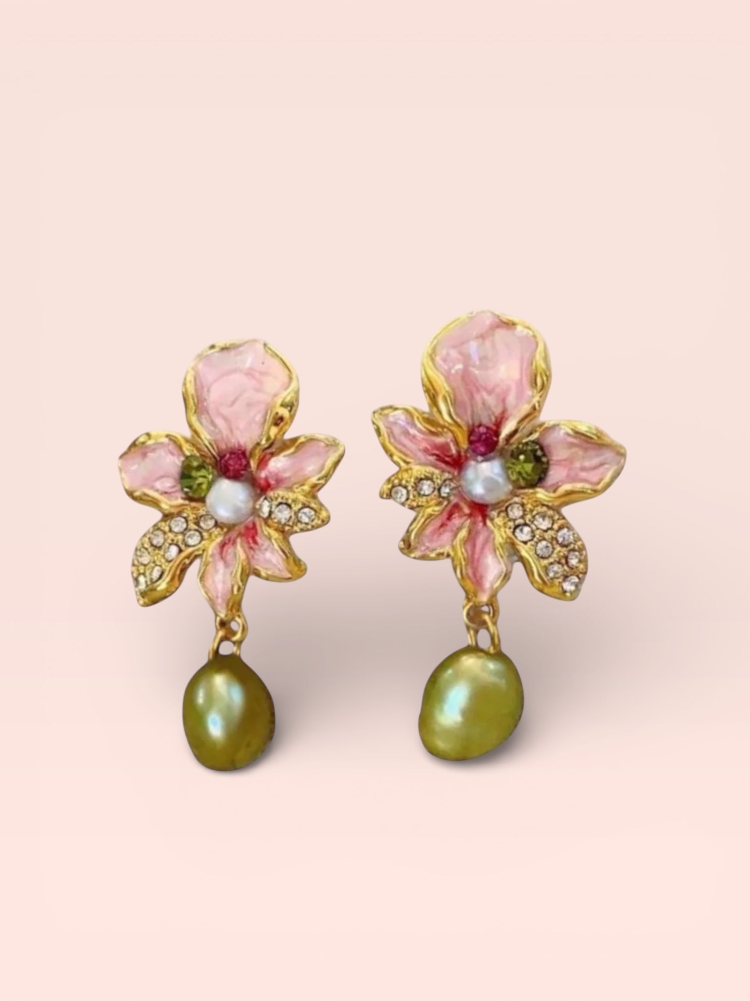 PINK FLOWER  EARRINGS  GREEN PEARL