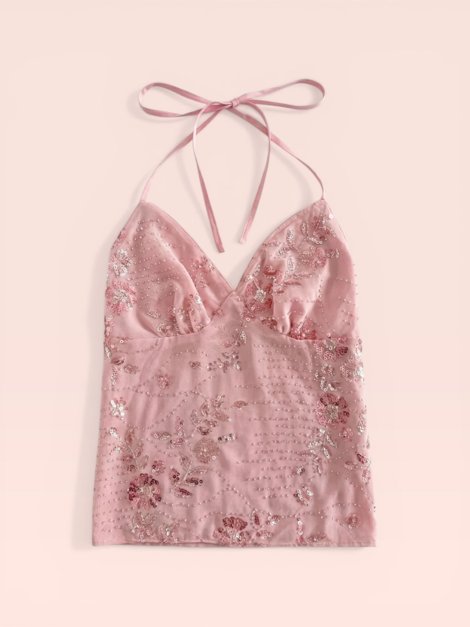Sequin flower open back haltertop
