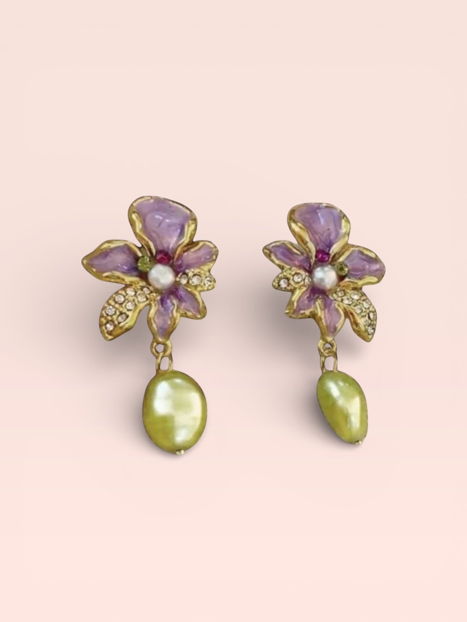 Purple Flower Earrings with Green Pearl